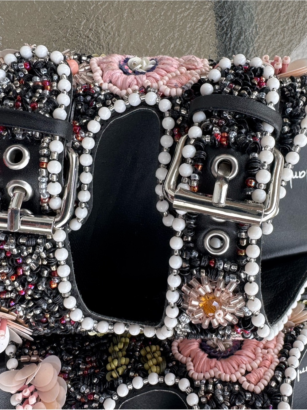Beaded Black Floral Slide Sandals with Pink Accents Sz 6 - Picture 4 of 6